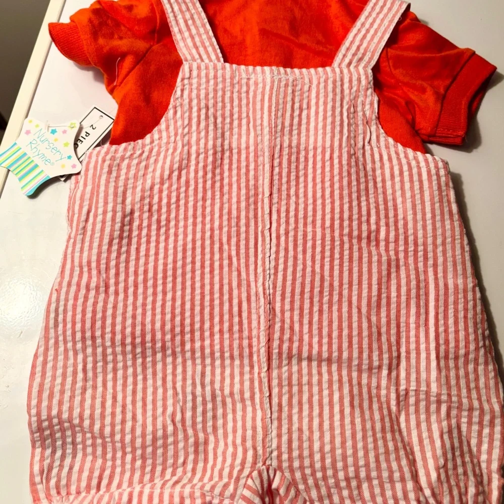 Nursery Rhyme 2 Piece overalls 3-6 Months, Red Stripes Embroidered Animals - Picture 7 of 7